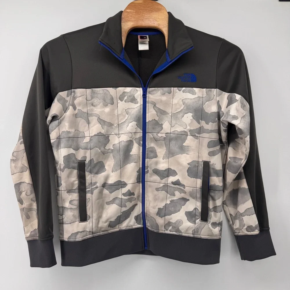 The North Face Track Jacket Mens Medium Gray Camo Full Zip Fleece Lined Logo